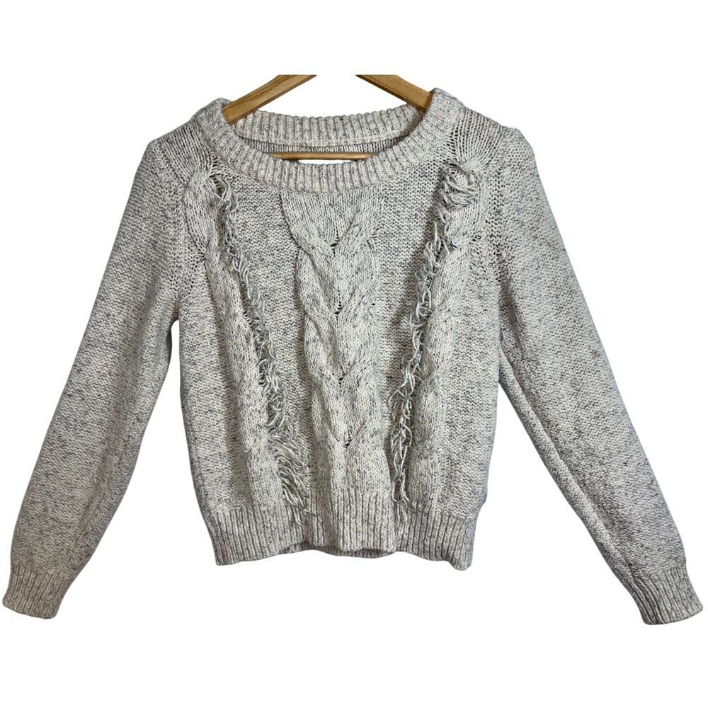 Abercrombie & Fitch Heather Gray Cable Knit Fringe Crew Neck Sweater Top Size S